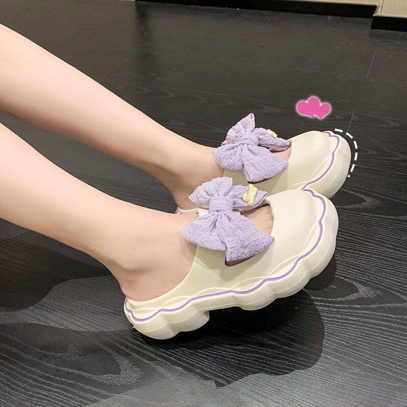 JY479- B14 NƠ VẢI CŨ Dép sục nơ vải thời trang nữ tính tiểu thư bánh bèo, chất liệu cao su dẻo