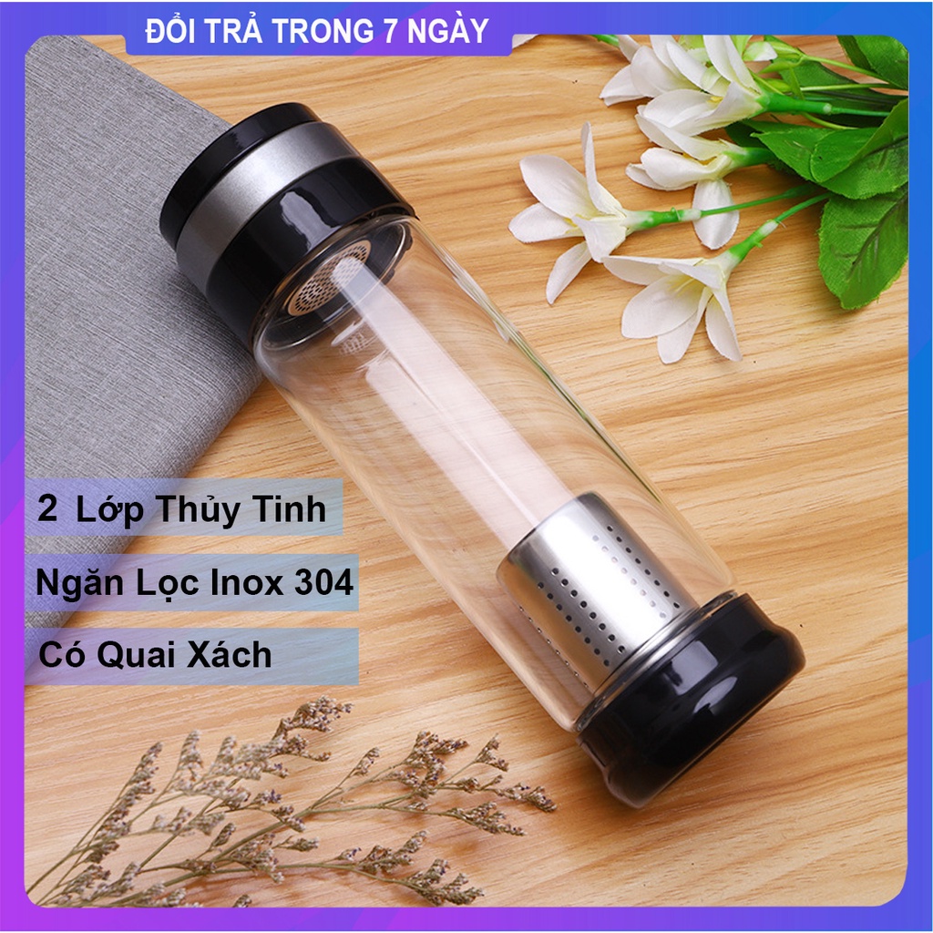 Bình Pha Trà Thủy Tinh Cao Cấp 500 ml Lõi Lọc Inox304 Có Quai Xách Kim Loại | Bình Đựng Nước Đi Học Dã Ngoại