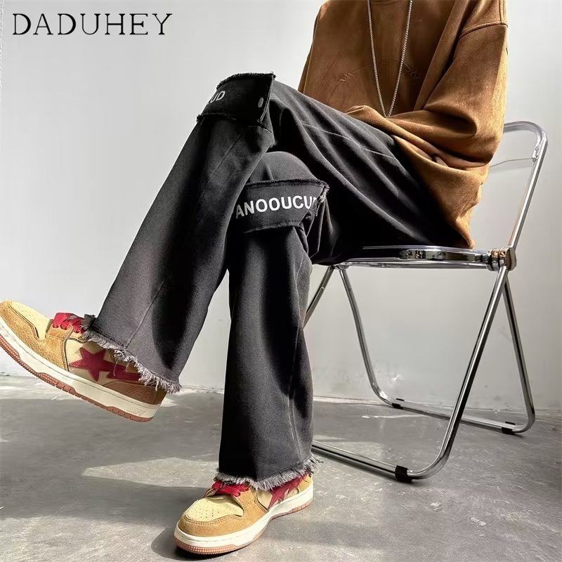 DaDuHey Men's 2022 New Style High Street Fashion Letter Jeans Hip Hop Ins Hong Kong Style Trendy Fashionable Handsome Casual Pants