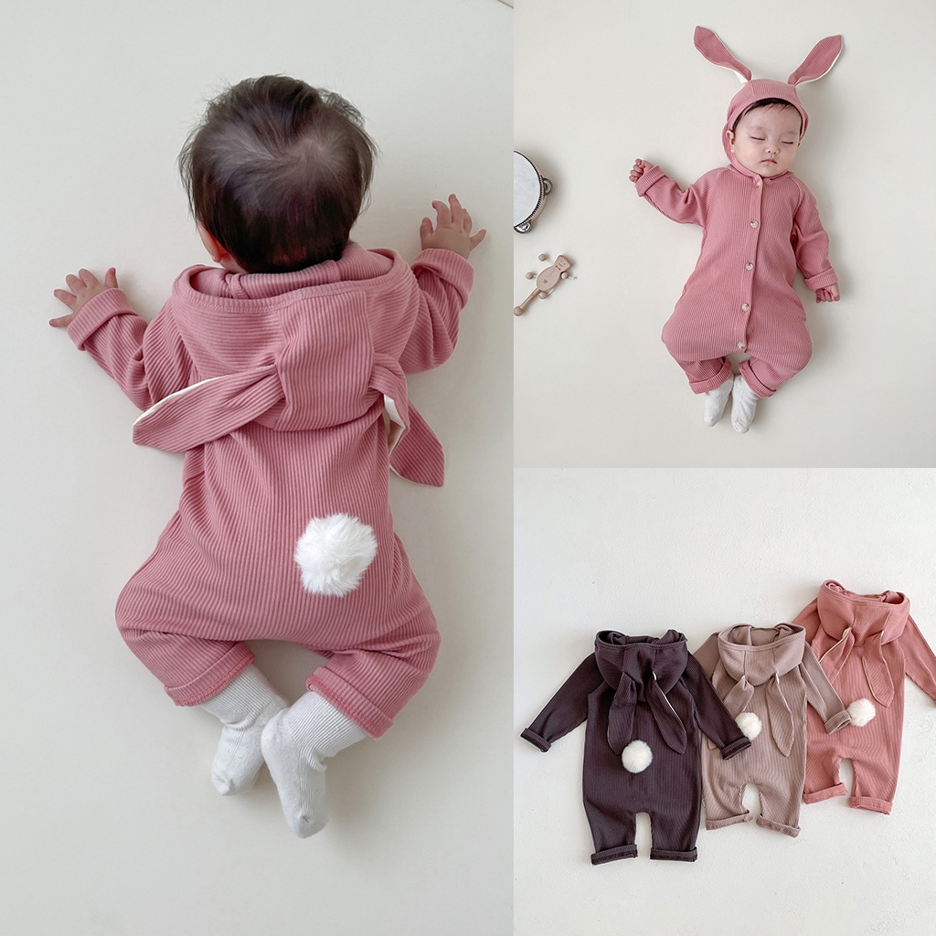 Bộ Áo Liền Quần Có Nón Trùm Đầu Tay Dài In Họa Tiết Thỏ Giữ Ấm Thời Trang Xuân Thu Cho Trẻ Sơ Sinh