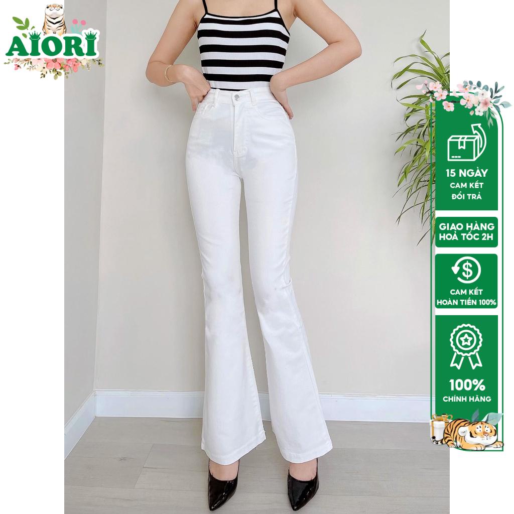 Quần Jean Nữ AIORI Ống Loe Lưng Cao Màu Trắng Bò Bass Trơn Co Giãn Tốt Mềm Mịn L001_T