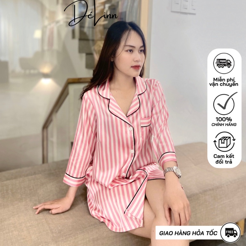 Đồ ngủ lụa DELINN đầm ngủ sơ mi sang trọng quyến rũ cho Nàng DL013 Đồ ngủ Pijama lụa/ váy ngủ lụa cao cấp