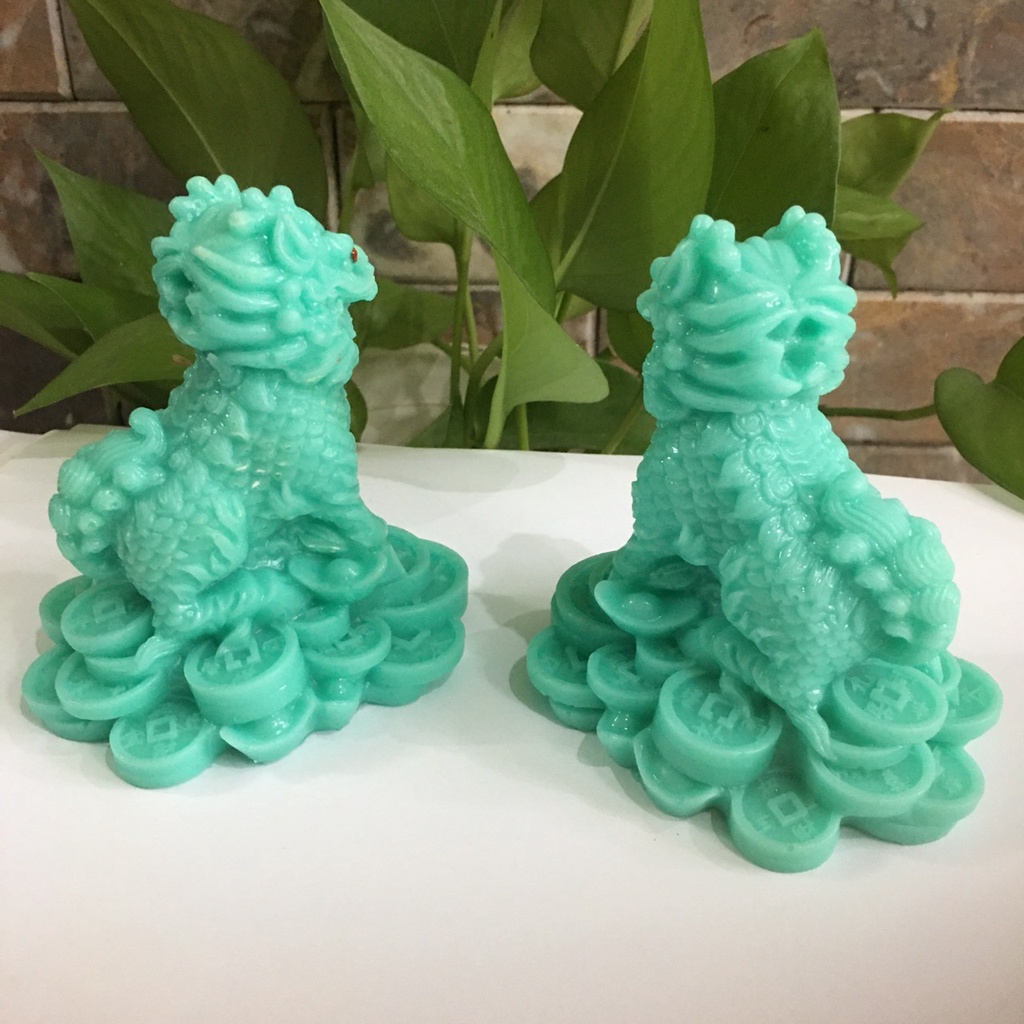 Tượng kỳ lân phong thủy  1 cặp 2 ông màu Xanh ngọc cao 11 cm mang tài lộc
