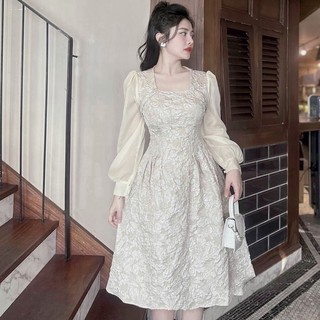 VÁY GẤM LI EO CỔ VUÔNG CÓ LÓT PHỐI