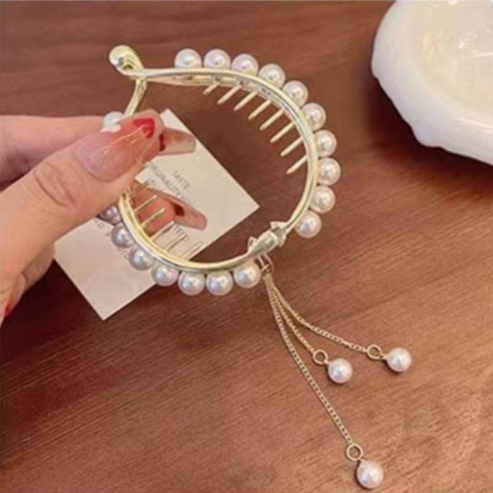 Kẹp Tóc Đính Đá Ngọc Trai Phối Tua Rua Thanh Lịch Cho Nữ
