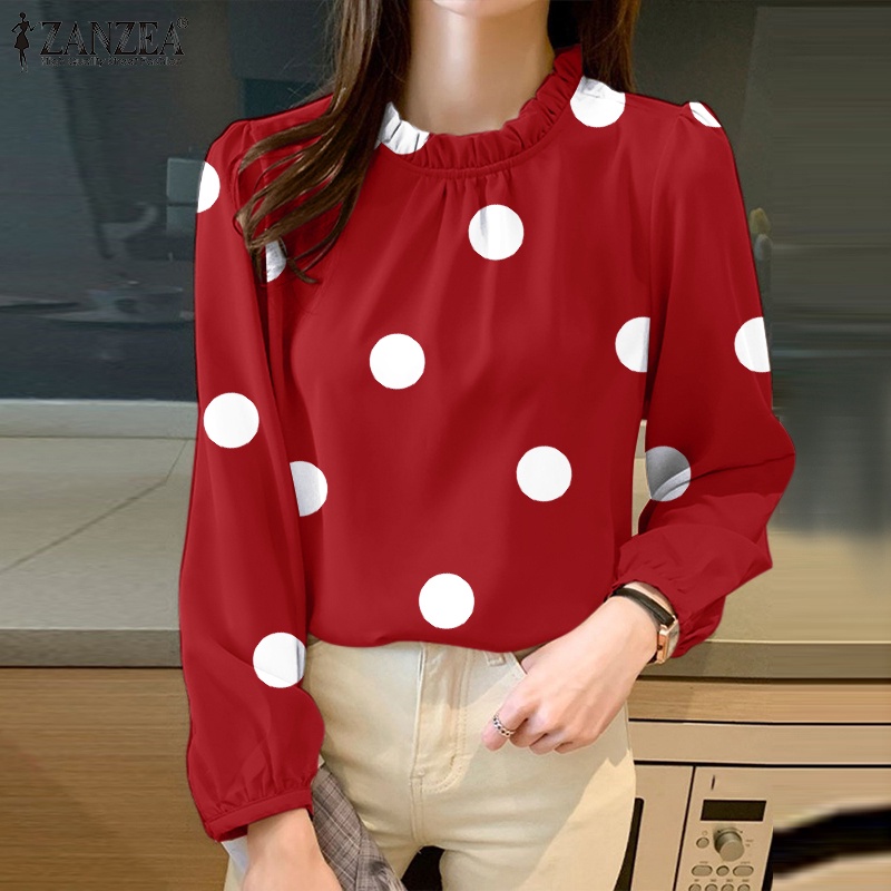 Zanzea Áo Kiểu Cổ Đứng Tay Phồng In Họa Tiết Chấm Bi Xinh Xắn Thời Trang Cho Nữ