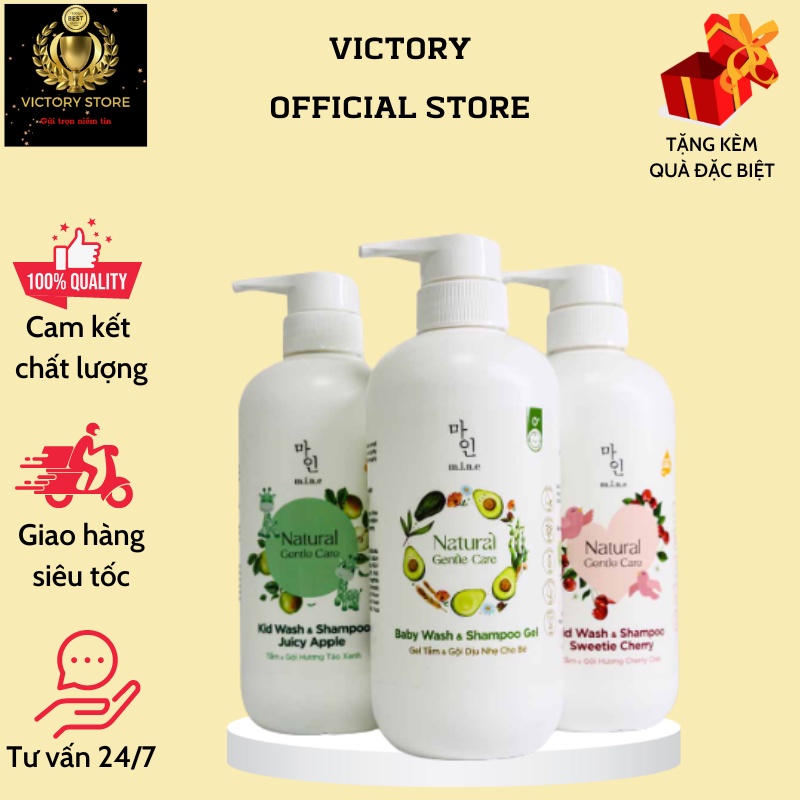 Gel tắm và gội dịu nhẹ cho bé MINE – Baby Wash Shampoo & Gel, Kid Wash & Shampoo Sweetie Cherry - Juicy Apple chai 500ml