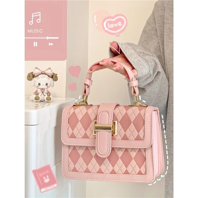 Túi Đeo Chéo Nhỏ Hình Vuông Họa Tiết Kim Cương Màu Sắc Tương Phản Chất Lượng Cao Cho Nữ