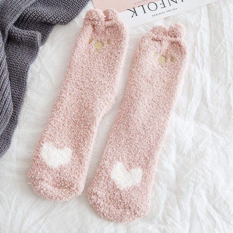 1 Cặp Vớ Lông Cừu San Hô Mềm Mại Thoáng Khí Họa Tiết Hoạt Hình Dễ Thương