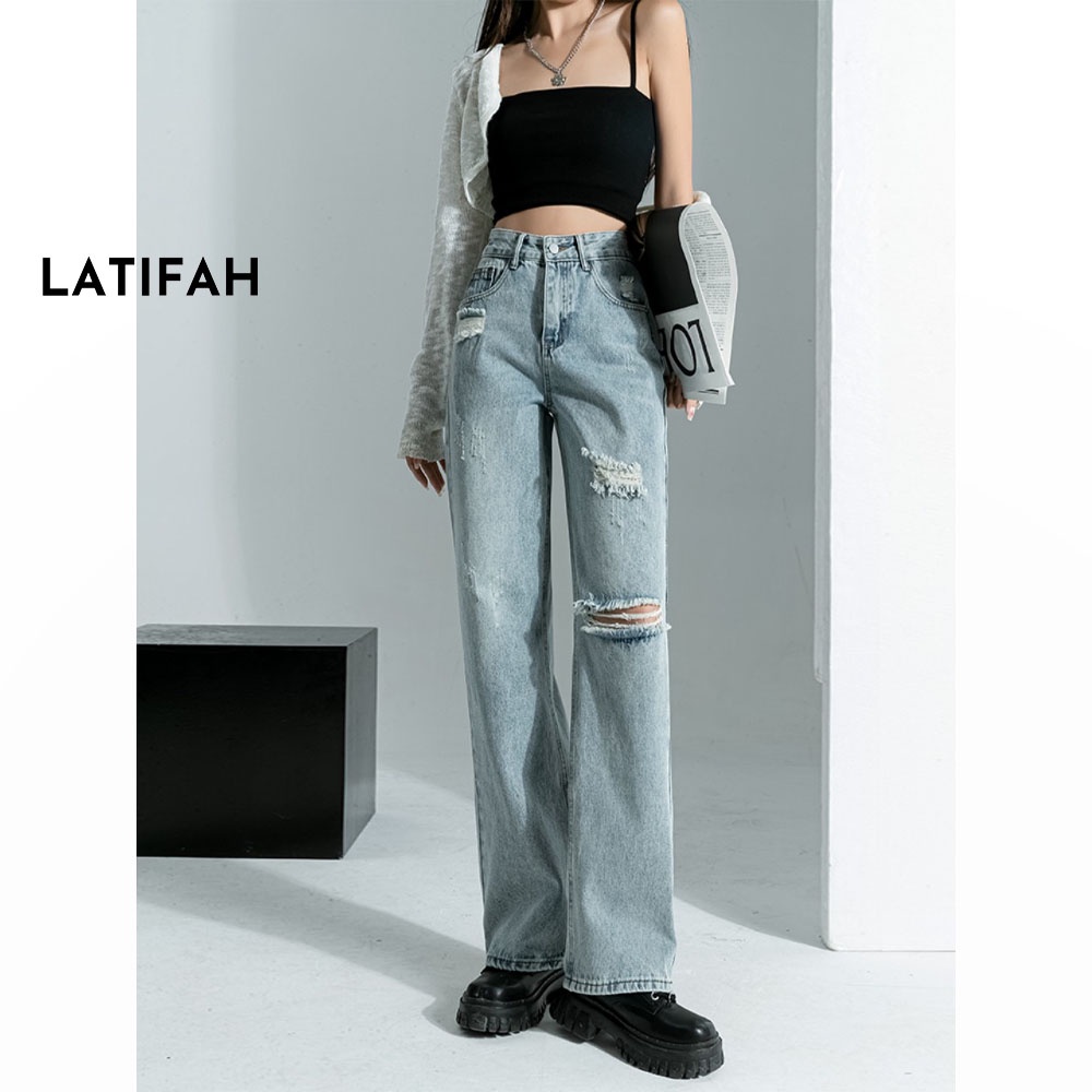 Quần baggy jeans nữ LATIFAH ống rộng cắt rách dài 98cm phong cách năng động trẻ trung QD257