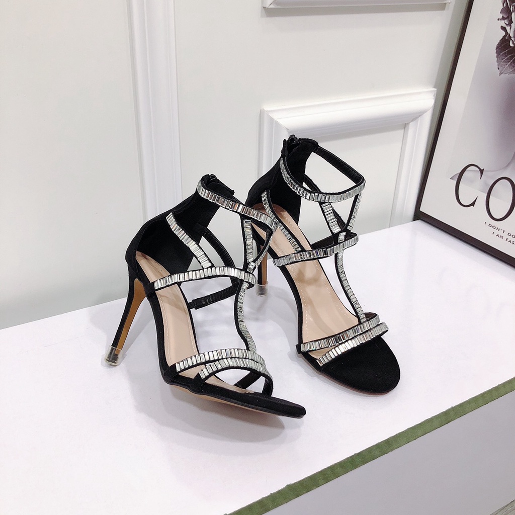 Sandal quai mảnh full đá gót nhọn cao 9P hậu khóa kéo chất da lộn mềm mại kiểu dáng Hot Trend - Giày cao gót nữ