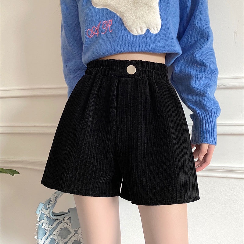 IELGY IELGY Quần Short Nhung Kẻ Lưng Cao Dáng Ôm Dễ Phối Đồ Thời Trang Cho Nữ