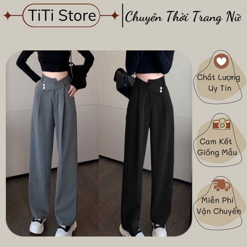 Quần Vải Ống Suông Hàn Cạp Chéo Lệch 2 Khuy