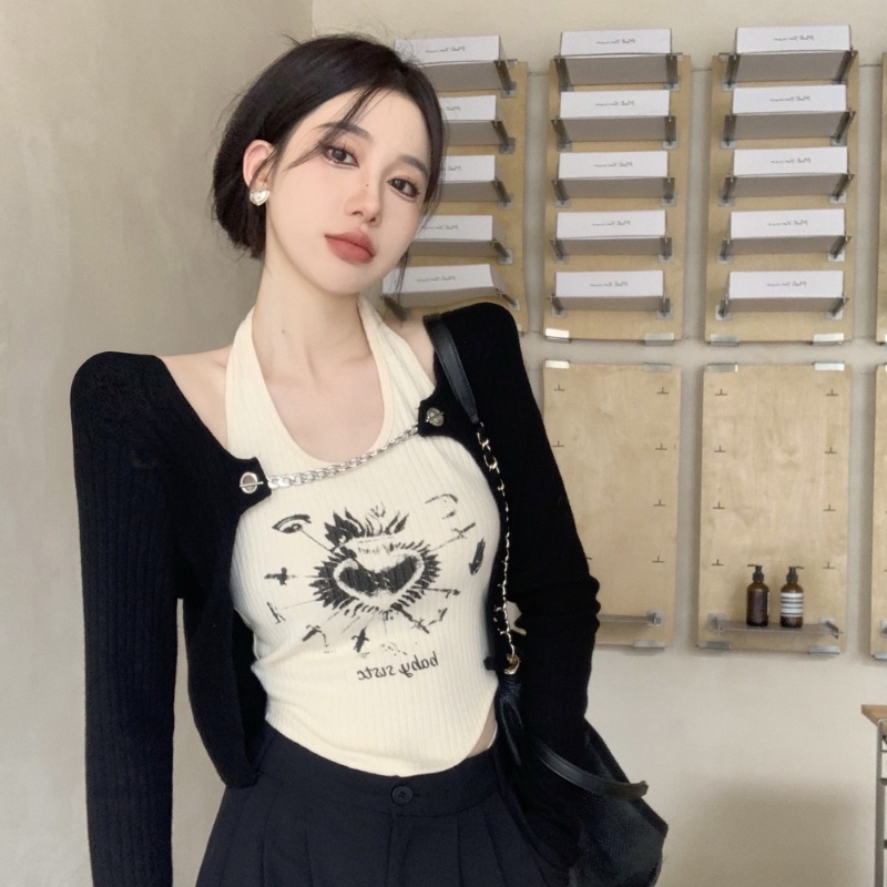 COZOKC Set Áo Khoác cardigan Tay Dài + Áo Hai Dây Dáng Ngắn Thời Trang Quyến Rũ Cho Nữ