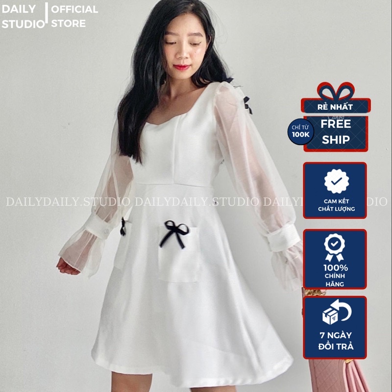Váy dạ tweed tiểu thư phối tay phồng tơ organza đính nơ chảnh,Váy dạ tweed nơ tay phồng