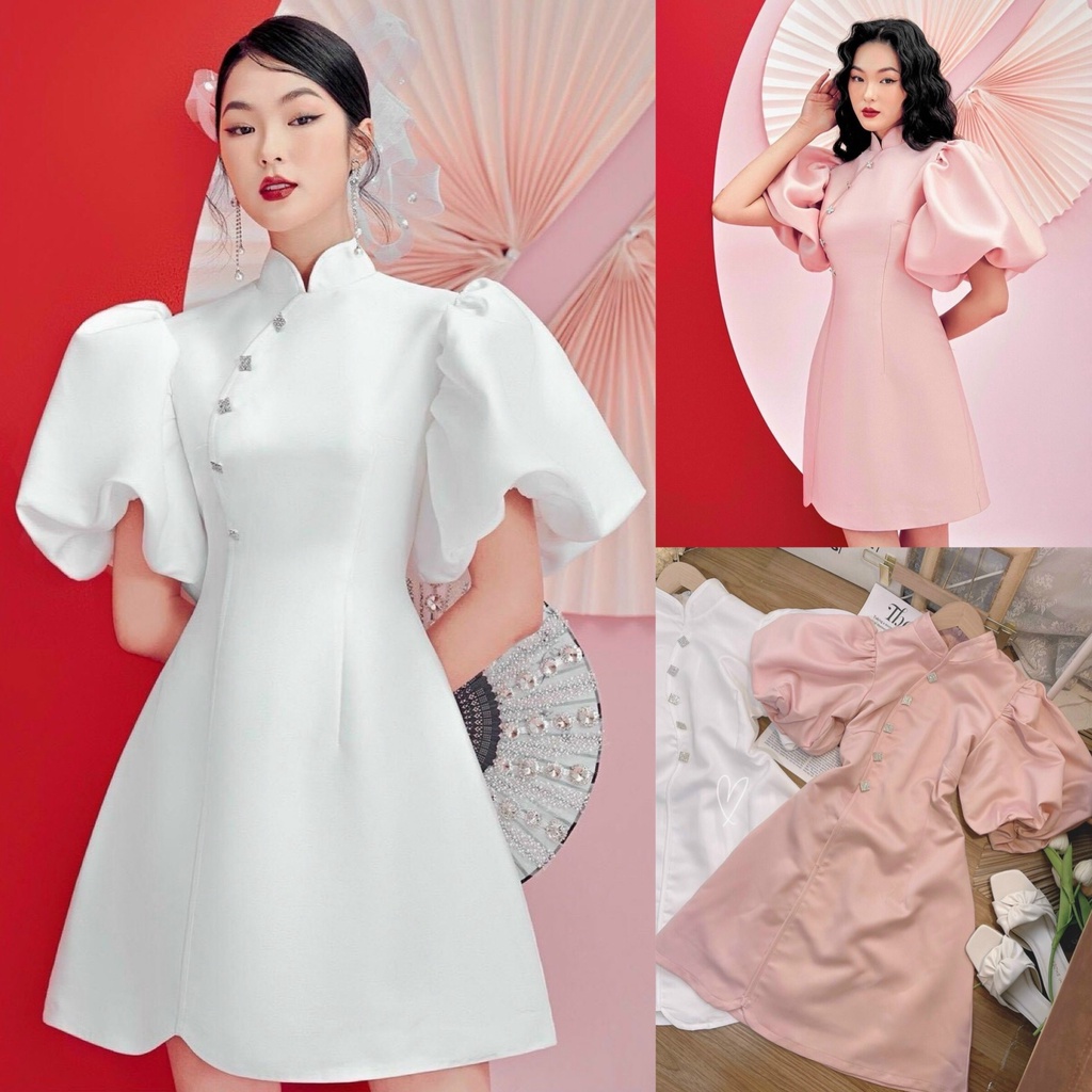 Váy Đầm Nữ Dáng Xoè Cổ Tàu Tay Phồng Màu Sắc Nhã Nhặn Thiết Kế Sang Chảnh Đi Làm Công Sở, Dạ Hội Và Du Lịch Cực Xinh Đẹp