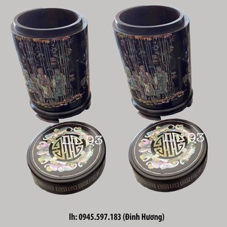 Hộp đựng chè gỗ gụ khảm ốc singapo - cao 20 x đường kính 10