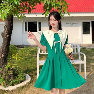 Thời Trang nữ Đầm baby doll vạt cổ chữ V thắt nơ cột dây diệu đà màu xanh