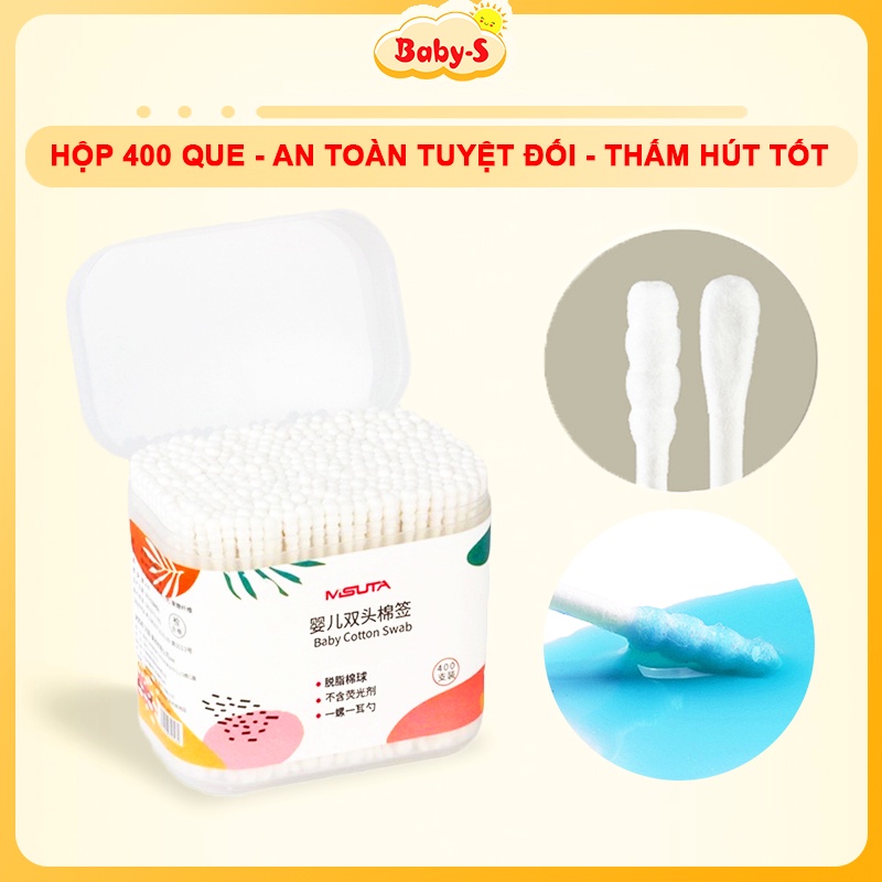 Tăm bông trẻ em, Tăm bông cho bé sơ sinh chuyên dụng hộp 400 que Misuta cao cấp Baby-S – SSS020