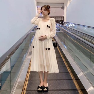 Váy bầu dài tay thu đông váy bầu đi chơi tết chất tơ xịn mặc đi làm đi tiệc