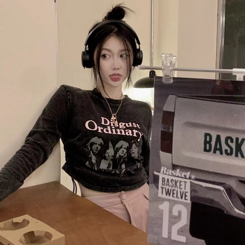 NRVP Áo thun nữ dài tay dáng lửng phong cách Hàn Quốc