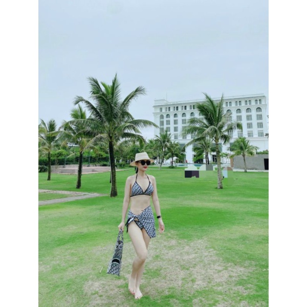 Set bikini bộ bơi đồ bơi nữ 3 món kèm khăn voan họa tiết d.ior siêu sang EVA 2MDO