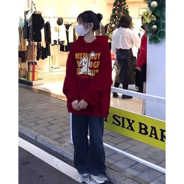 Áo Hoodie Nỉ Bông Màu Đỏ Đô Tay Dài Túi Bụng Hoạ Tiết Thỏ Con