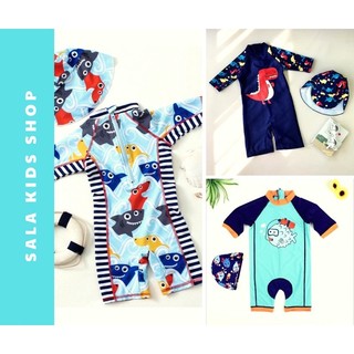 Đồ bơi bé trai liền thân cá nóc tặng kèm nón bơi