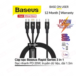 Cáp sạc 3 đầu baseus rapid series 3-in-1 pd 20w
