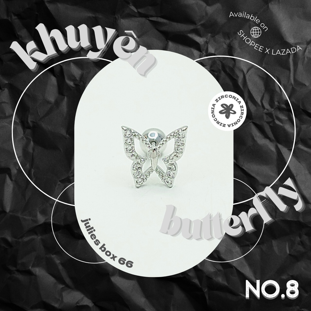 [1 Chiếc] Khuyên Tai Titan Butterfly No.8 Đính Đá Màu Bạc Không Gỉ Sét Không Ngứa Bông Tai Unisex Julies Box 66
