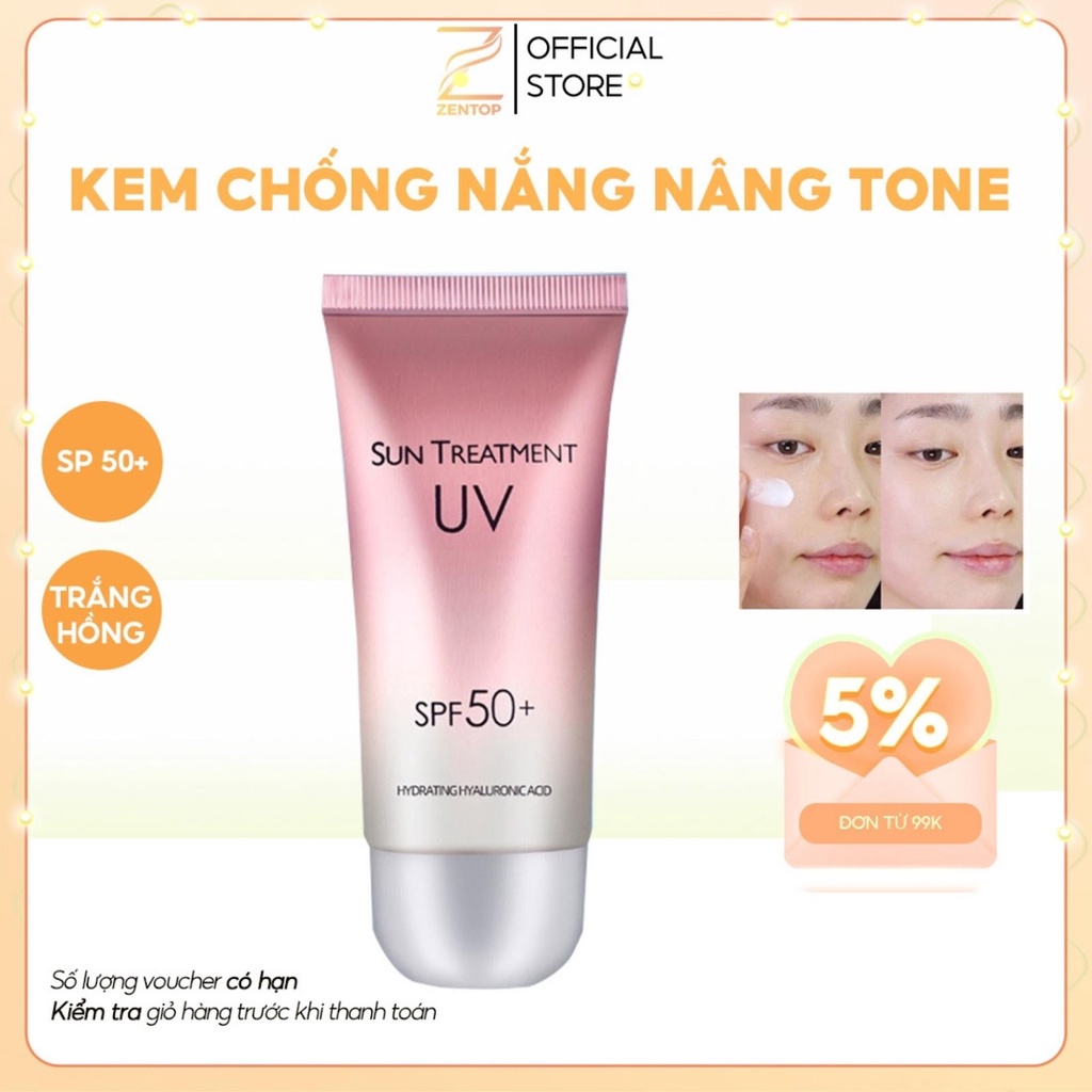 Kem chống nắng Sun Treatment UV SPF50+/PA+++ dưỡng da ẩm mịn trắng hồng kiềm dầu nâng tông 60g Zentop