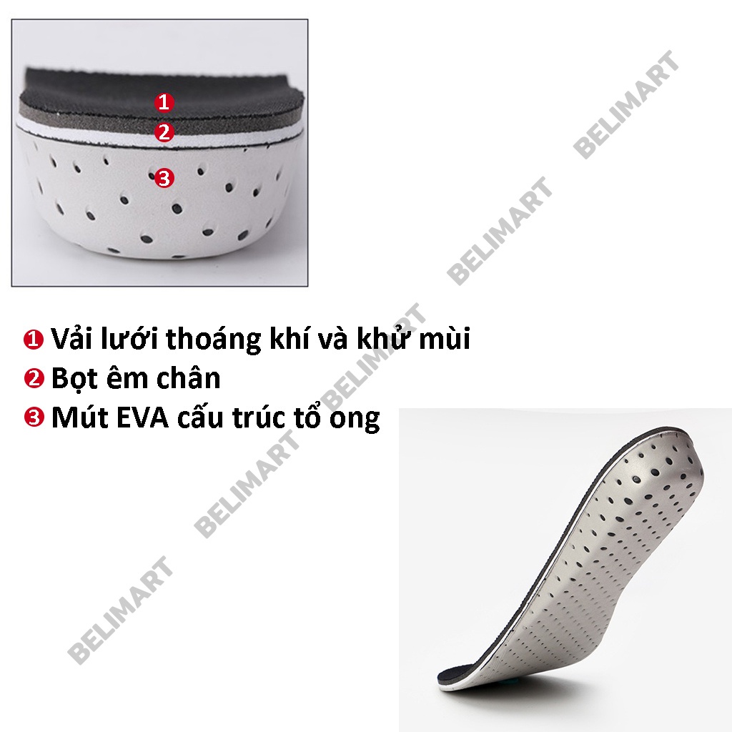 Lót giày tăng chiều cao nam nữ cả bàn cao cấp, độn đế 2cm 3cm 4cm, mặt lưới thoáng khí êm chân Belimart PK57