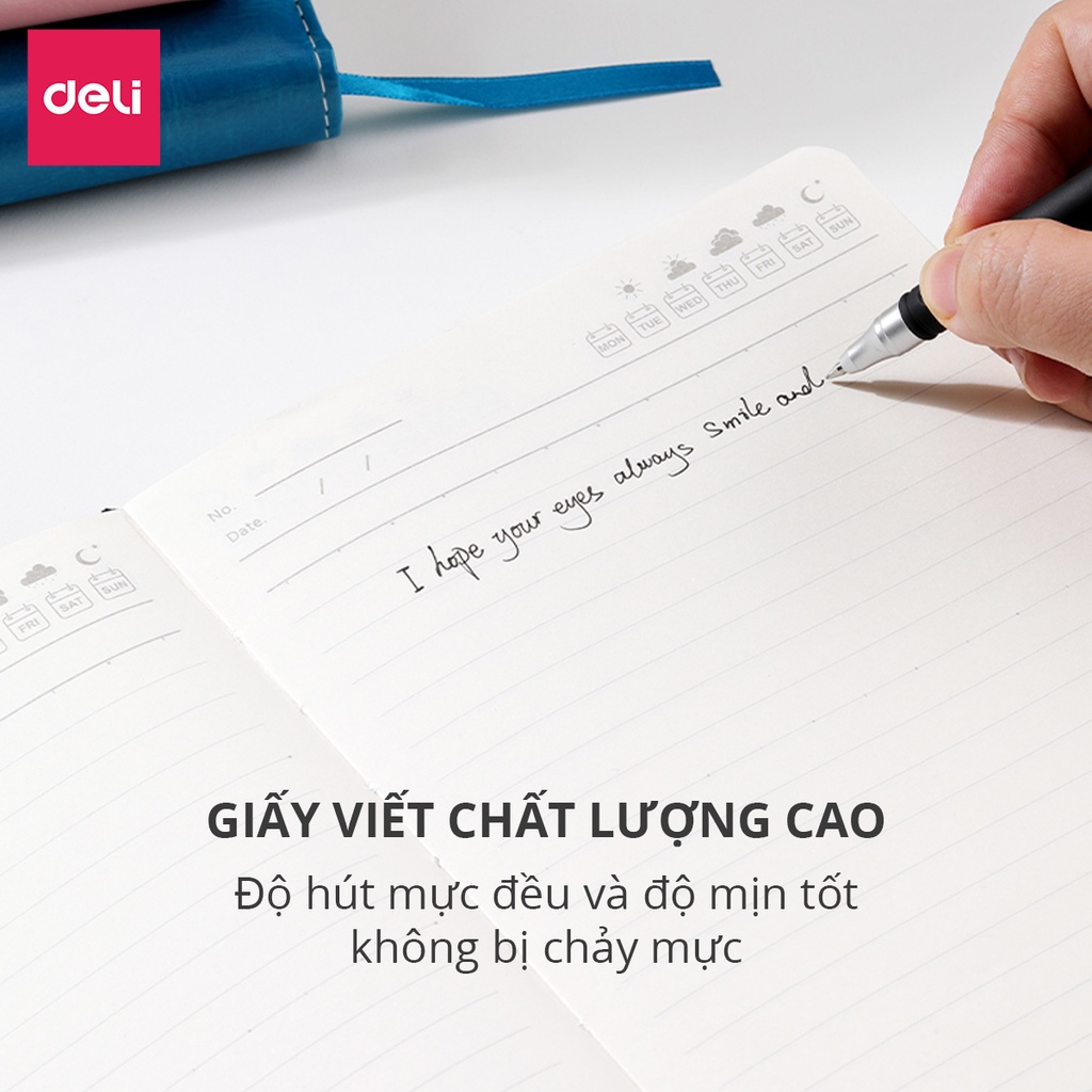 Sổ Tay Ghi Chép A5 Bìa Da Deli - Màu Đen/Hồng/Xanh, 300 trang, 80/100gsm, Chống Nước Dành Cho Học Sinh, Văn Phòng