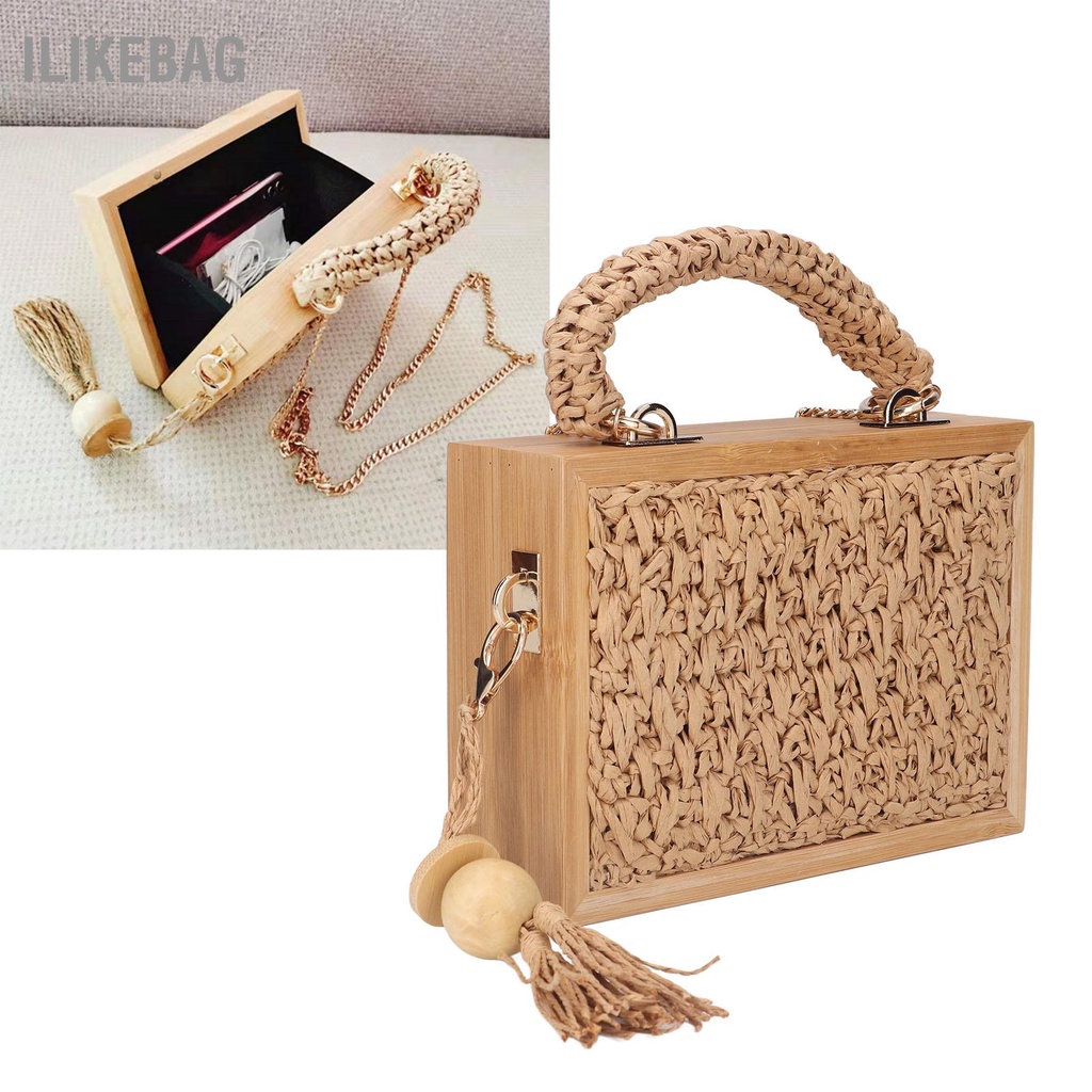 Có thể bán buôn Túi mây Dệt thời trang Đơn giản Dung lượng lớn xách tre cho Bữa tiệc Đi bộ đường dài Cắm trại Hẹn hò Ilikebag Hàng giao ngay