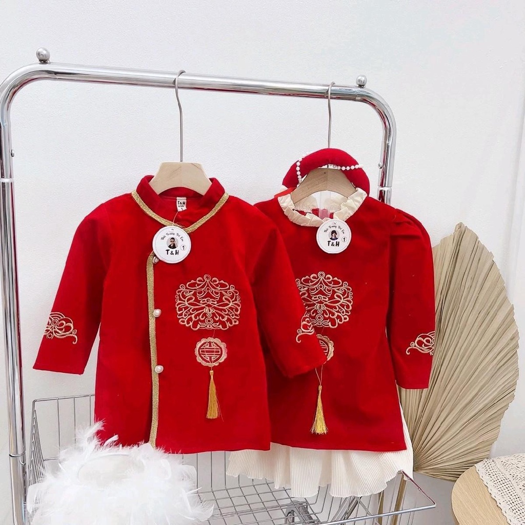 Bộ set áo dài cách tân Beemo xẻ tà họa tiết cách điệu cho bé trai bé gái