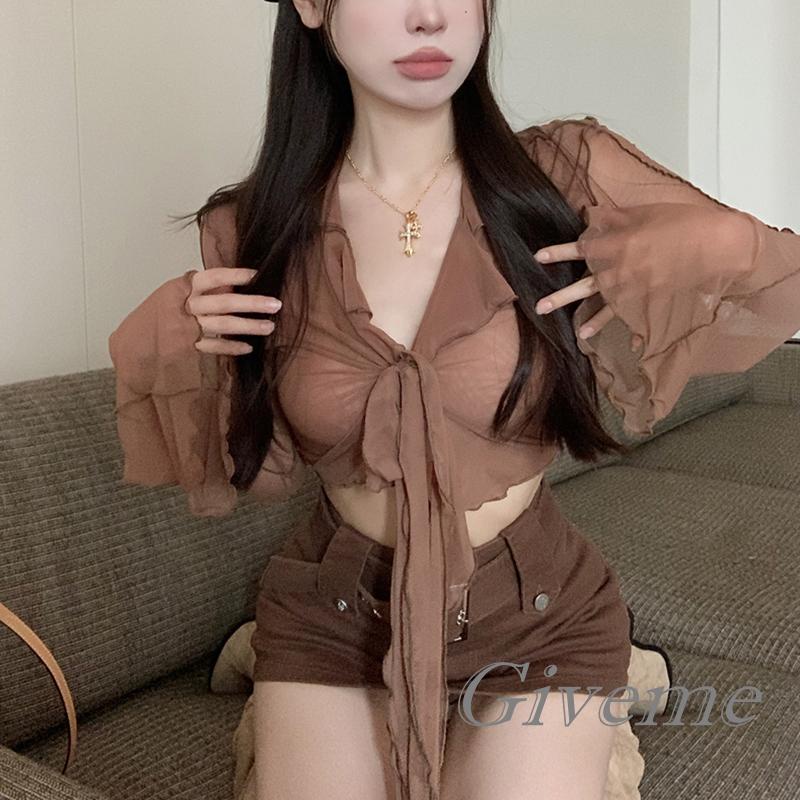 Áo Thun Crop Top Lưới Tay Dài Xuyên Thấu Màu Trơn Thời Trang Đường Phố Dành Cho Nữ