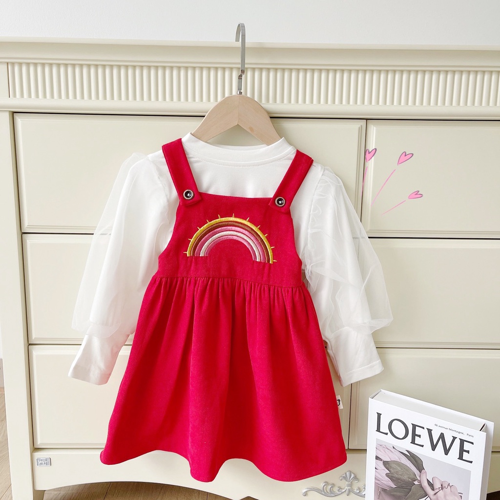 Set áo + váy Yếm thêu hình Cầu Vồng cho bé gái 1-5 tuổi (Mã 058)