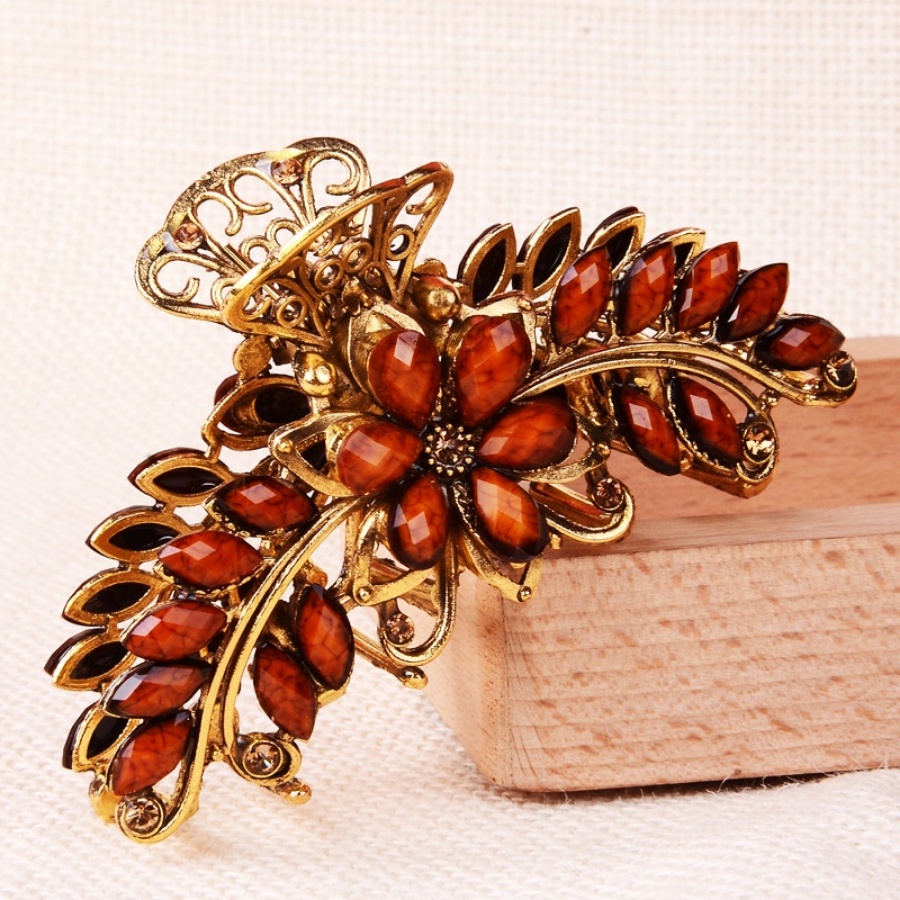 Kẹp Tóc Kim Loại Hình Hoa Đính Đá Phong Cách Cổ Điển Cho Nữ