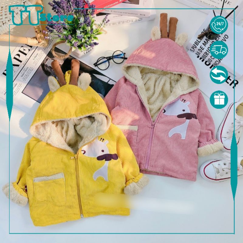 Áo phao béo bé gái 22447 Áo khoác nhung tăm lót lông cho bé gái dày ấm size 10-22kg từ 3 tháng đến 15 tuổi