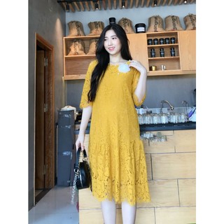 EVERMOM | Đầm bầu ren vàng đuôi cá đính kèm bông