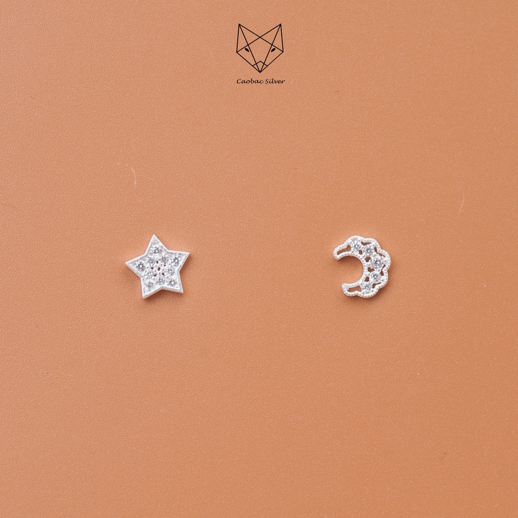 Khuyên Tai Bạc Ta CaoBac Jewellery Thiết Kế Hoạ Tiết Hình Trăng Sao Đính Đá Lấp Lánh, Tinh Tế Món Quà Cho Bạn Gái