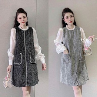 Váy dự tiệc, đầm suông chất dạ tay phối voan hai túi cổ viền - Đầm dạ tiêu basic thanh lịch mặc công sở hai màu