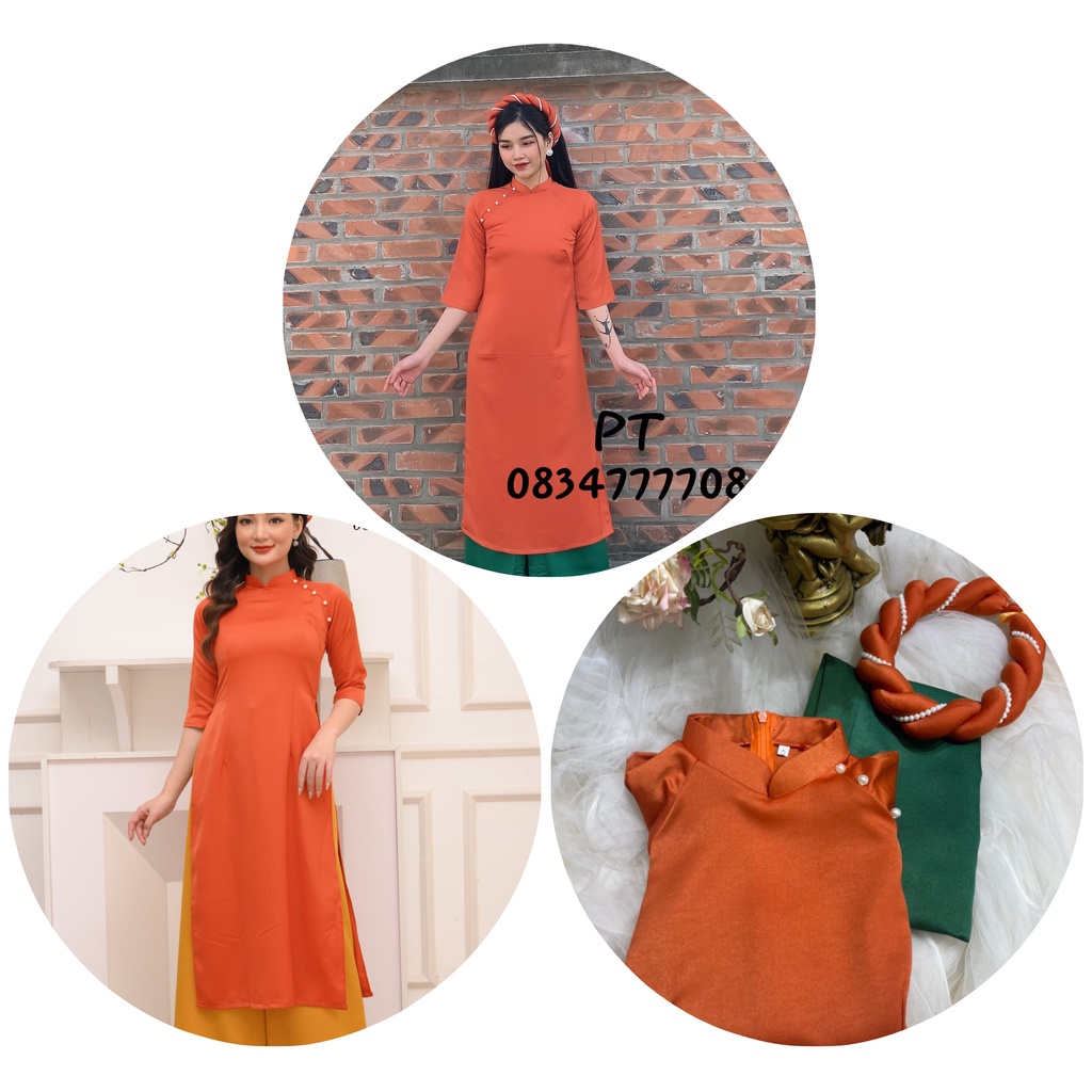 Áo dài nữ cách tân màu cam tây trơn sang trọng, quý phái kèm mấn xinh