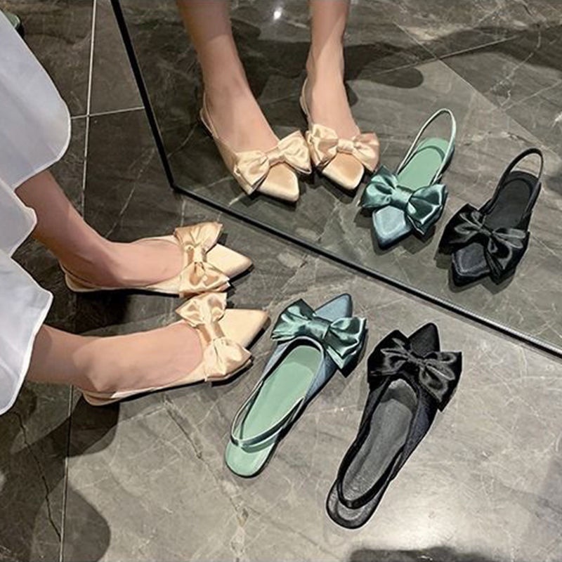 XIELUAIZTA Dép Nữ Mũi Nhọn Đính Nơ Phong Cách Pháp