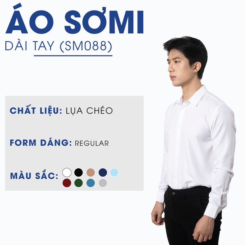 Áo Sơ Mi Nam Dài Tay Đẹp 4MEN SM088 vải lụa chéo hạn chế nhăn, mềm mịn, form regular trơn màu thanh lịch, hiện đại