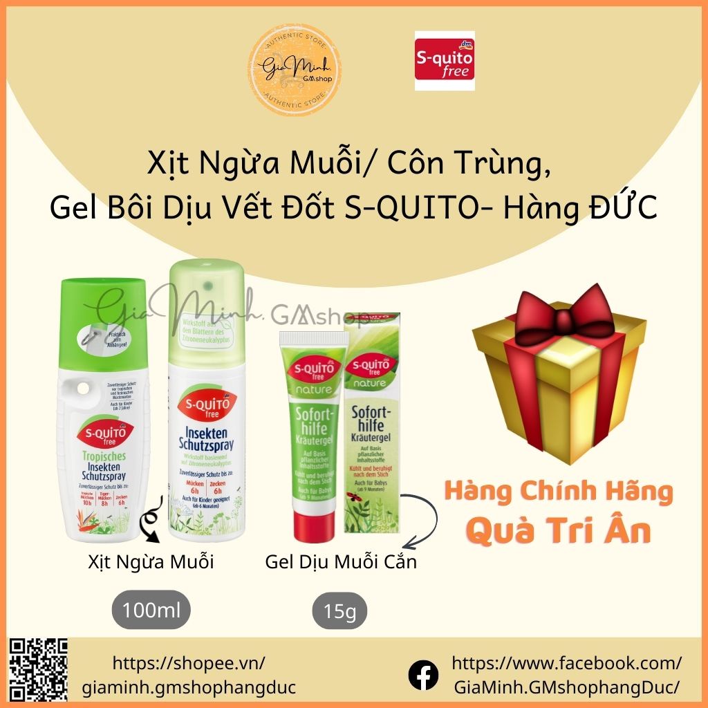 Bộ Xịt Ngừa Chống Muỗi, Côn Trùng, Và Gel Bôi Làm Dịu Vết đốt Squito Free cho Bé và Gia Đình- Hàng Đức
