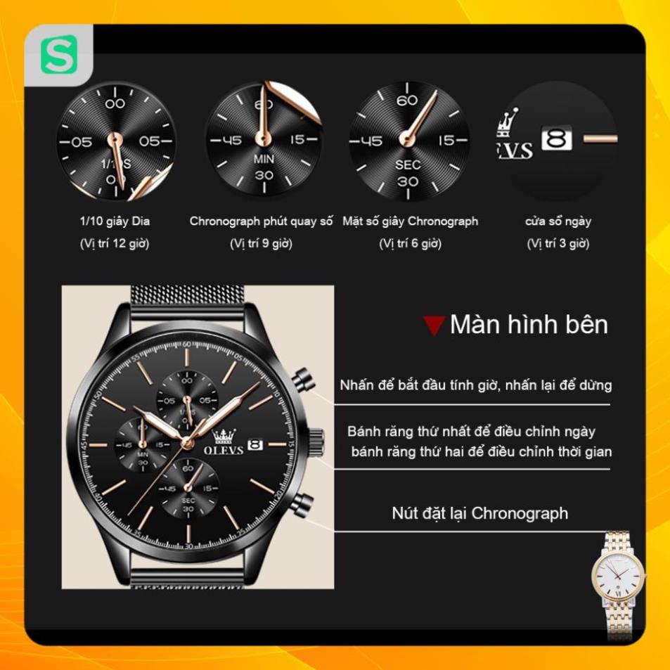 Đồng hồ nam chính hãng OLEVS 2881 Lịch dây đeo bằng thép không gỉ Có chức năng phát sáng chống thấm nước