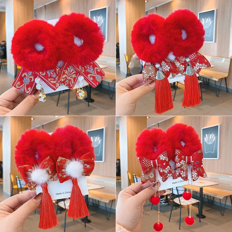 1 Cặp Dây Buộc Tóc Phủ Lông Màu Đỏ Phong Cách Trung Hoa Thời Trang Cho Nữ