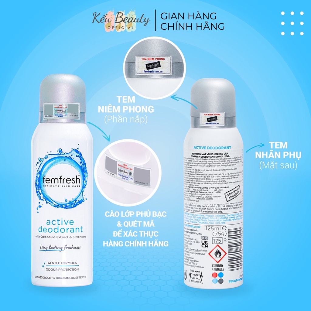 Xịt Thơm Mát, Khử Mùi Vùng Kín Chứa Ion Bạc Lưu Hương Suốt 12h Femfresh Deodorant Spray 125ml