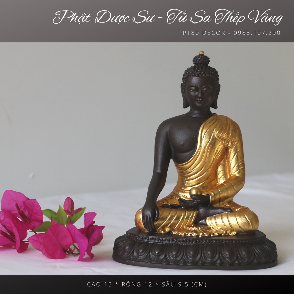 Tượng Phật Dược Sư Dát Vàng Thủ Công Đa Lớp, Sơn Mài Vân Đá Xanh đặt bàn, để xe ô tô, Quà Tặng Phật Giáo PT80 Decor